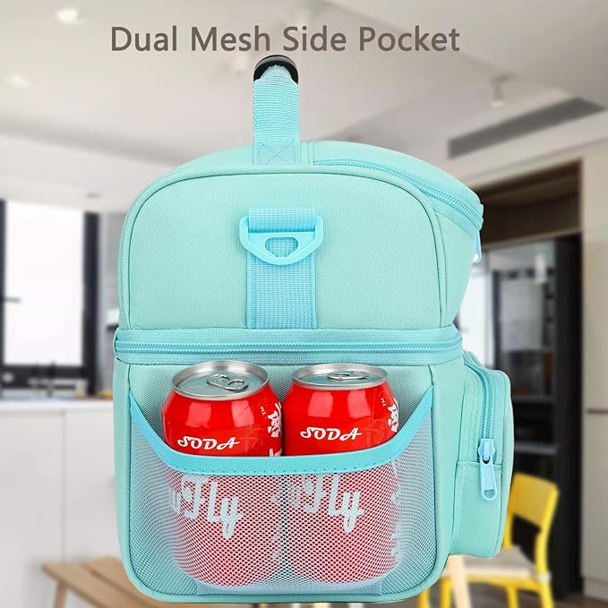 FlowFly Double Layer Cooler Insulated Lunch Bag Adult Lunch Box Large Tote Bag for Men, Women, With Adjustable Strap,Front Pocket and Dual Large Mesh Side Pockets