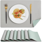 MOSAYT Vinyl Placemats Set of 8, Heat Resistant Place Mats 100% Waterproof Washable & Wipeable Faux Leather Reversible Table Mats for Kitchen Dining Party Outdoor, 12" x 17", Light Grey/Aqua