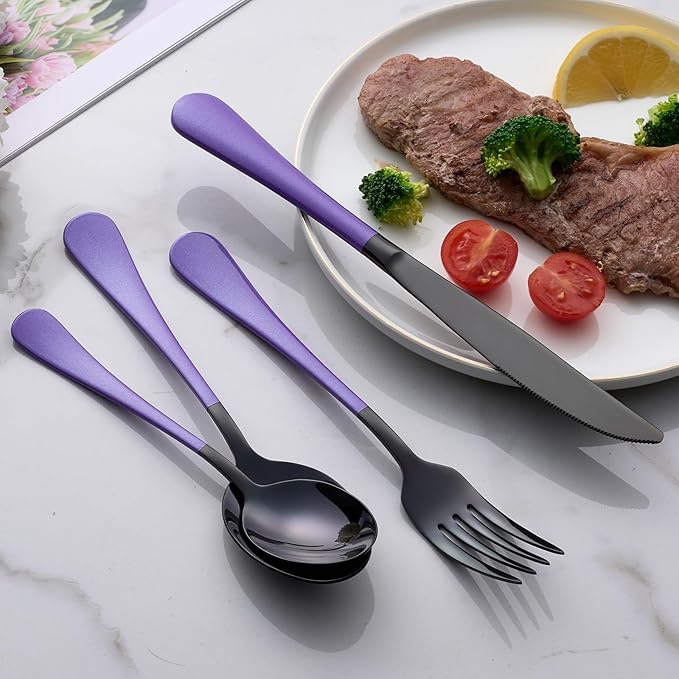 20-Piece Black Silverware Set 18/0 Stainless Steel Flatware Purple Handle Cutlery Set Service for 4 Dinner Knives Forks Spoons Set Mirror Finish Dishwasher Safe