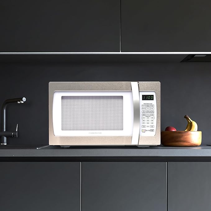 Farberware Countertop Microwave 1100 Watts, 1.3 cu ft - Smart Sensor Microwave Oven With LED Lighting and Child Lock - Perfect for Apartments and Dorms - Easy Clean Retro White, Platinum