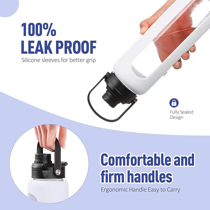 Kodrine Water Bottle with Straw, 24 oz Glass water Bottle with 2 Lids Bamboo Straw Lid and Spout Lid with Handle, 32 oz Clear Water Bottle Glass for Sports Travel, Waterbottle with Time Marker