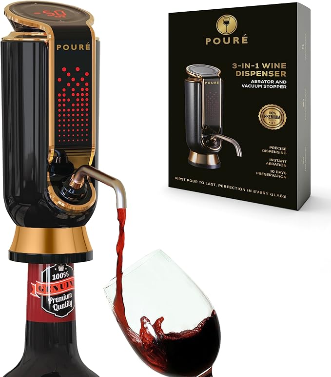 3-IN-1 Wine Aerator Dispenser & Vacuum Stopper - Adjustable Pouring, Preserving, Real-Time Temp, Output & Pressure Control - Touch Screen LED Wine Accessories - Fits 18–20mm Bottles - Black