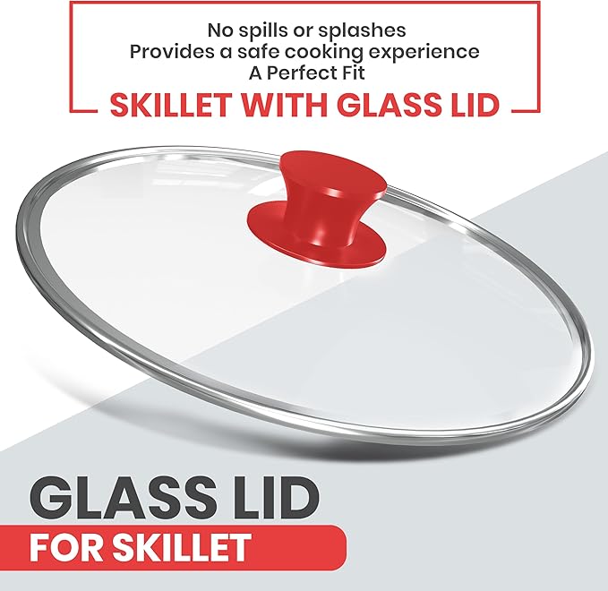 Utopia Kitchen Saute Frying Pan 12 Inch, Cast Iron Chefs Pan, Pre Seasoned Cast iron Skillet With Lid, Safe Grill Cookware for Indoor & Outdoor Use, Red