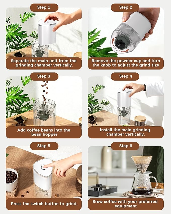 Portable Electric Coffee Grinder ，Automatic Coffee Grinder with USB Type-C wireless charging design，Adjustable Coarse to Fine for coffee beans, grains, cleaning brush + cable Includes (white)