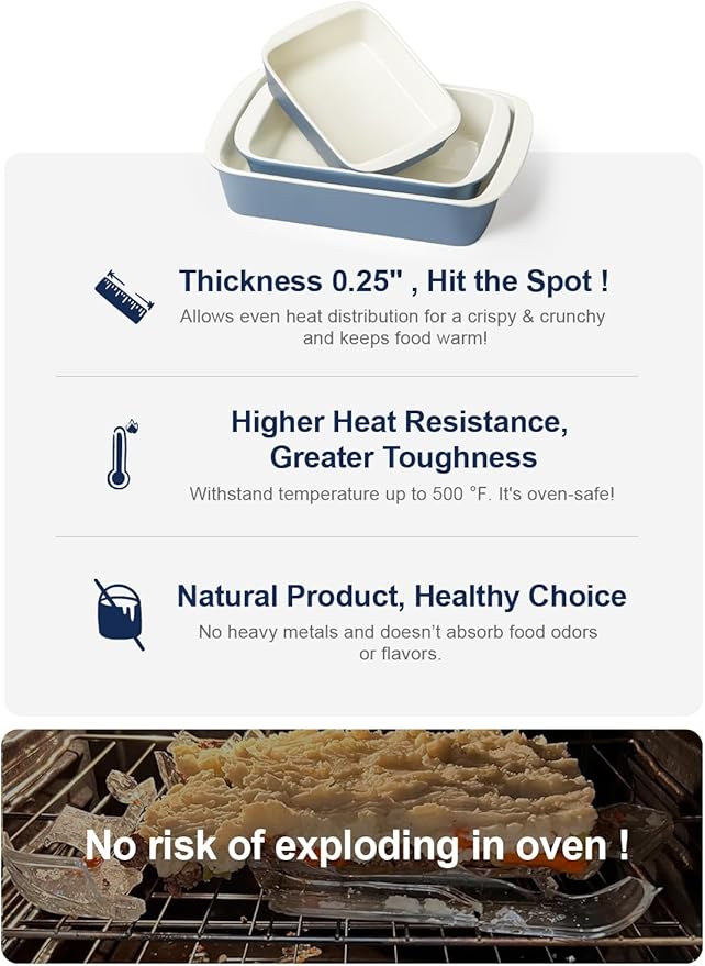 LE TAUCI Deep Casserole Dishes for Oven, 13.7”x9.6” Ceramic Baking Dish Set with Roasting Racks, Large Lasagna Pans with Handles, Rectangular Bakeware as Gift for Mom, Dusty Blue (4.6QT/3.0QT/1.6QT), Set of 3