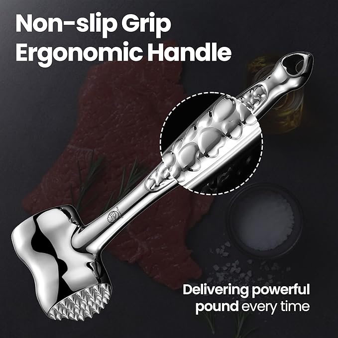 Stainless Steel Meat Tenderizer Tool, Premium Meat Mallet with Non-Slip Grip, Dual-Sided with Heart Shape Design for Tenderizing Steak, Poultry & Chicken Cutlet, Dishwasher Safe, Lifetime Replacement