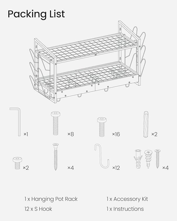Hanging Pot Rack, Pot Rack Wall Mounted, 2-Tier Kitchen Pot and Lid Organizer, Wall-Mounted Cookware Holder with 12 Hooks, for Kitchen Storage of Pots, Pans, Utensils, Charcoal Black TPR02BC