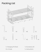 Hanging Pot Rack, Pot Rack Wall Mounted, 2-Tier Kitchen Pot and Lid Organizer, Wall-Mounted Cookware Holder with 12 Hooks, for Kitchen Storage of Pots, Pans, Utensils, Charcoal Black TPR02BC