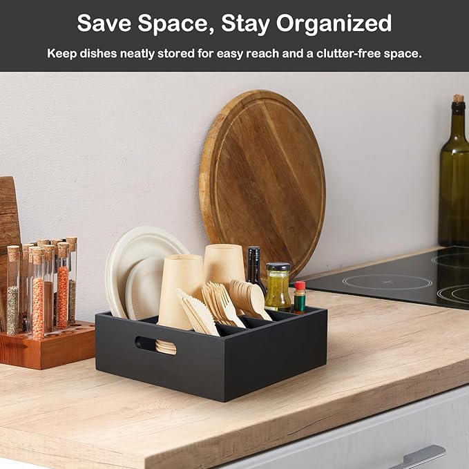 Wood Utensil Holder for Party, 6-Compartment Paper Plate Organizer with Handles, Wooden Silverware Caddy for Picnic, Camping, BBQ, Buffet, and Kitchen Countertop Organization, Black