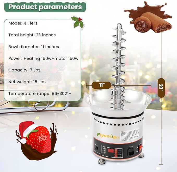 Commercial Chocolate Fountain 4 Tiers 7Lbs Large Chocolate Waterfall Stainless Steel Chocolate Heating Melting Fondue Machine Easy to Assemble for Cheese BBQ Sauce Ranch Digital-control