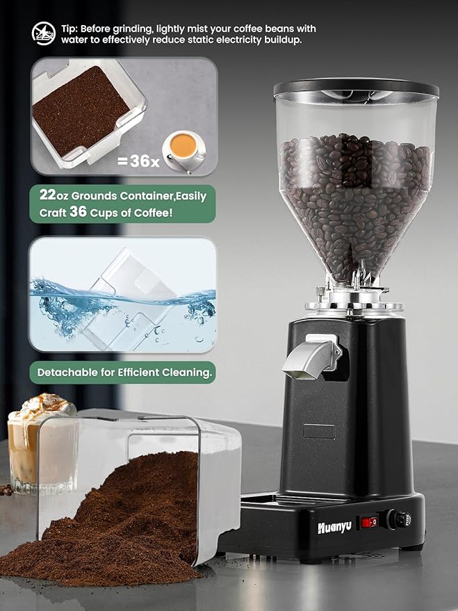 Huanyu Flat Burr Coffee Grinder with 19 Grinding Settings Electric Coffee Bean Grinder Adjustable Bulk Coffee Grinder Large Capacity 35oz Black