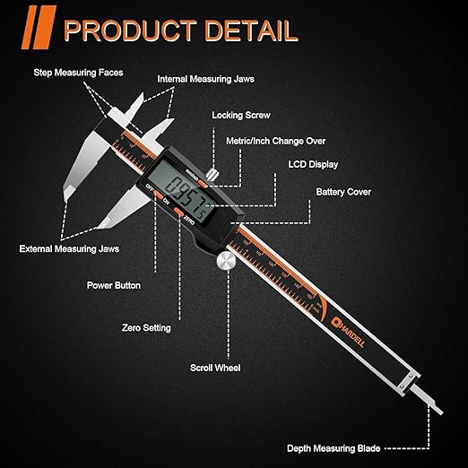 HARDELL Digital Caliper 6 Inch with Large LCD Screen, Calipers Measuring Tool with Auto-Off Feature, Inch/Millimeter Conversion, Electronic Vernier Caliper Micrometer for Jewelers/Woodworkers/DIY