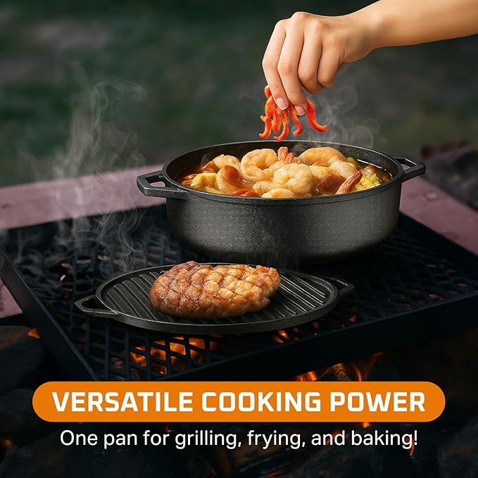 Bruntmor 3-in-1 Pre-Seasoned Cast Iron Skillets with Reversible Grill Griddle Lid - 6.8 Quart Round Deep Roasting Pan for Frying, Grilling, Dutch Oven Cooking - Non-Stick Cast Iron Cookware - Black