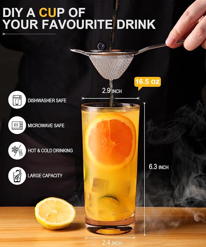 Drinking Water Glasses Set of 6, 16oz Highball Glasses, Lead-Free Crystal Glassware with Unique Wide Mouth, Thoughtful Gifts for House Warming, Birthdays, Everyday Life