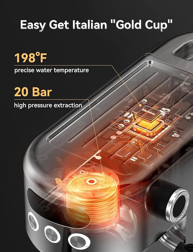 Neretva Espresso Machine 20 Bar, Super Compact Espresso Maker Stainless Steel Professional Coffee Machine Espresso with Power Steam & LED Display for Home Barista Latte and Cappuccino Maker
