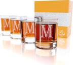 (M-Monogram)- 4 Piece Set of 11 Ounce Engraved Heavy Base Rocks Glasses Elegant Glass-Multi-Purpose Beverage-Rocks Glass- Gift for any Occasion- By: On The Rox