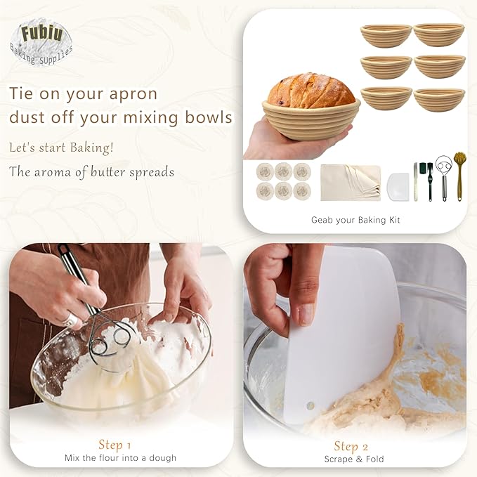 Natural Unbleached Banneton, Sourdough Bread Proofing Basket Kit, 6x 6 Inch Round Mini Basket with BreadMaking Baking Supplies Tools, Banneton Basket Gift Set - Primary Color