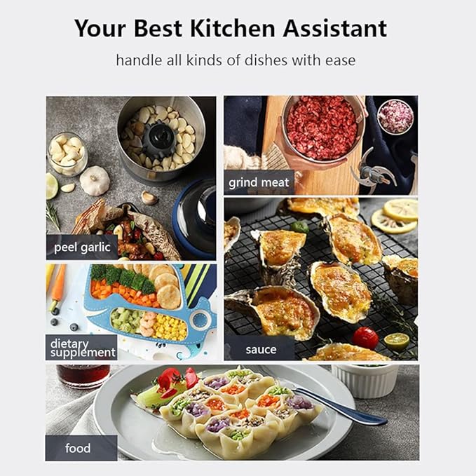 Joydeem JD-376B Electric Food Processor,Meat Grinder with Garlic Peeler,Vegetable Fruit Chopper with 3 Stainless Steel Bowls,Blue