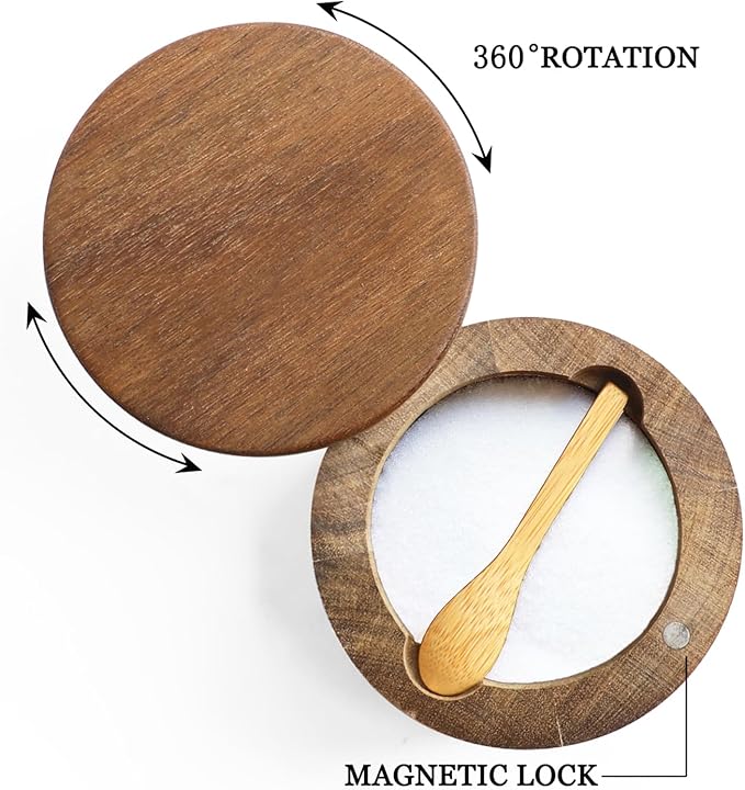 Acacia Wood Spice Box with Swivel Lid and Built-in Spoon for Kitchen Countertop, Farmhouse Kitchen Decoror for Storing Salt, Peppers, Sugar or Seasonings (Labeled “SALT”)
