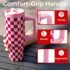 ProTour 100% Leakproof 40 oz Tumbler with Handle & 4-in-1 SipSwig Lid | Built-In Flip Straw & External Stainless Steel Straw | Insulated Stainless Steel Cup | BPA-Free | Pink Checkered