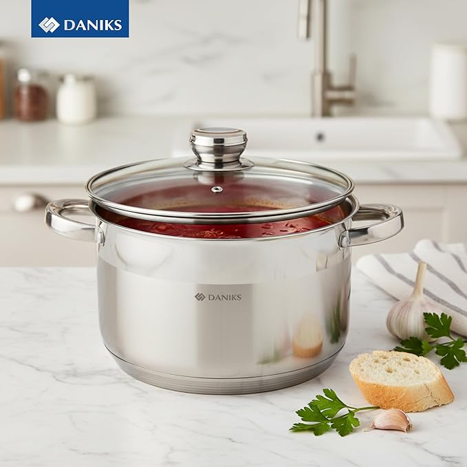 Daniks Standard Stainless Steel Stock Pot with Glass Lid – Induction 7 Quart, Dishwasher Safe, Measuring Scale, For Soup, Pasta, Stew, Silver
