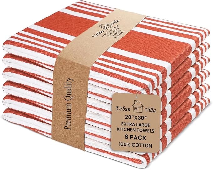 Urban Villa Fall Kitchen Towels 100% Cotton Pack of 6 Highly Absorbent Quick Drying Soft Premium Dish Towels for Kitchen with Hanging Loop Thanks Giving TeaTowels - 20x30 Inch (Rust & White Striped)
