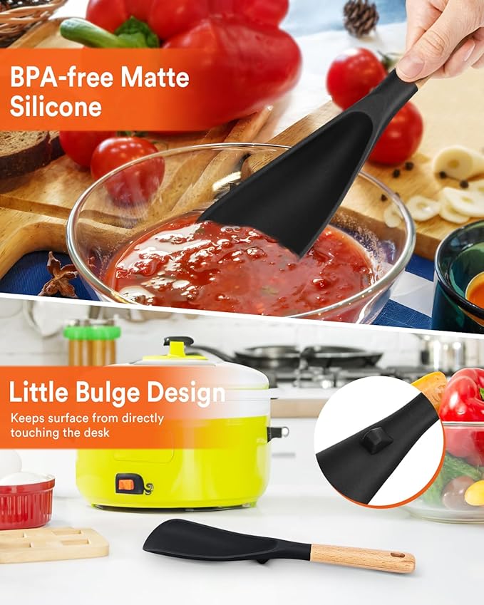 Cooking Spoon for Nonstick Cookwares, Great for Cooking and Serving Sturdy BPA-Free Matte Silicone, Wood Handle Spoon for Mixing, Scoop, and Scrape (Black)