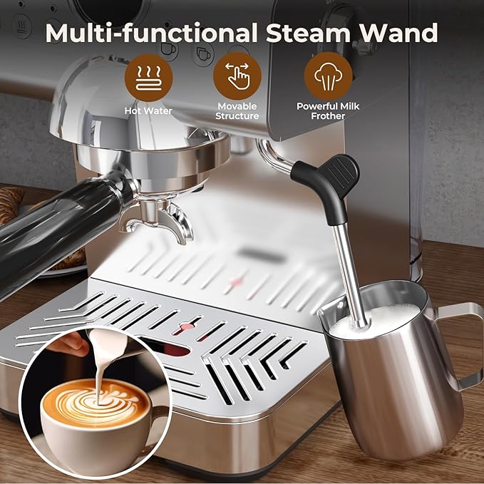20 Bar Espresso Machine,Compact Stainless Steel Cold Brew & Hot Coffee Machine with Steam Wand,LED Display,50 oz Removable Water Tank,Cappuccino Machine for Home,Semi-Automatic,Silver