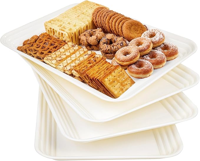 SUT 4-Pack Ivory Serving Trays for Entertaining, 16" x 11" Serving Platters for Snacks, Fruit, Cookies, Dessert, Reusable Plastic Trays for Serving Food and Party Organization in Kitchen &for Parties