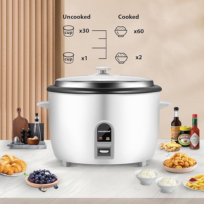 Commercial Rice Cooker, Large Capacity 30-Cup (UnCooked), 60-Cup (Cooked) with One Touch Operation and 12-Hour Keep Warm,Easy to Use and clean,1600W