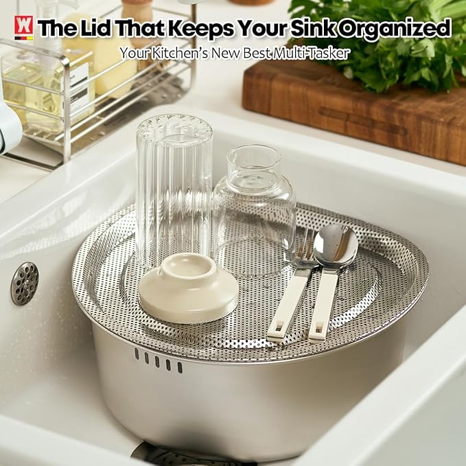 Stainless Steel Vegetables & Fruits Wash Strainer Colander, Perforated Tray, Mini Drying Rack for Dishes, Fitting Lid for Washing-up Bowl (300 x 320 x 16mm / 11.81 x 12.60 x 0.63inches)