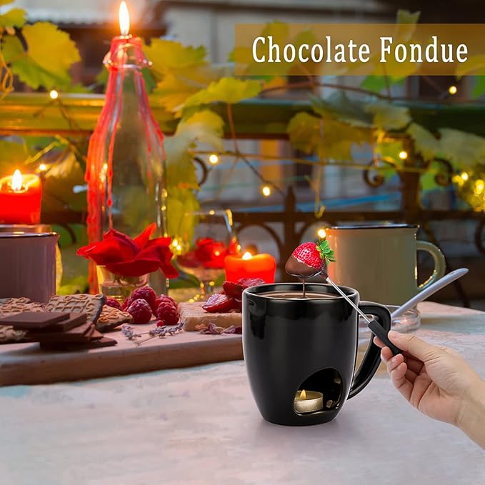 BSTKEY 230ML Personal Chocolate Fondue Mug Set, Ceramic Butter Warmer Set, Mini Melt Hot Pot Cup Set for Cheese Chocolate Butter Caramel, with 2 Forks (Black)