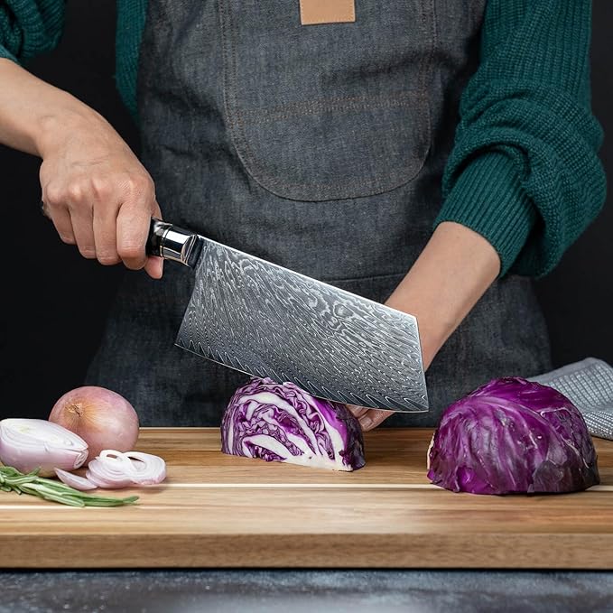 SENKEN 7-Piece Damascus Kitchen Knife Set - Tsunami Collection - 67-Layer Japanese VG10 Steel - Chef's Knife, Cleaver, Santoku, Bread, Boning, & More (Black Resin Blend)