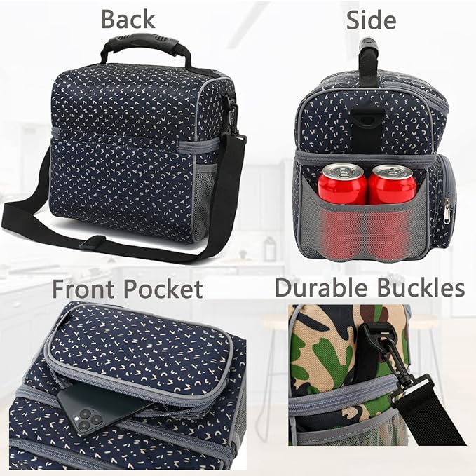 FlowFly Double Layer Cooler Insulated Lunch Bag Adult Lunch Box Large Tote Bag for Men, Women, With Adjustable Strap,Front Pocket and Dual Large Mesh Side Pockets