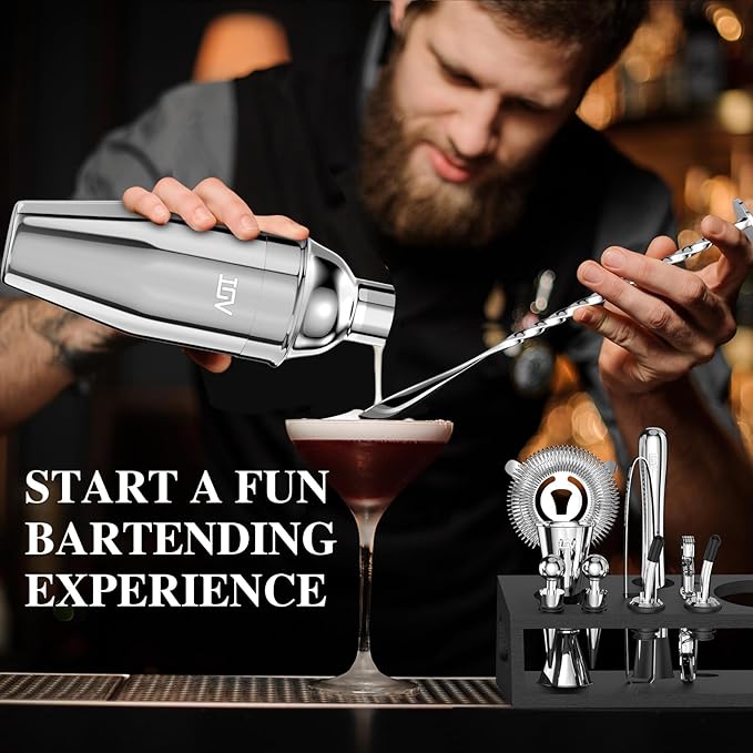 IOV Mixology Bartender Kit with Stand | 12-Piece Cocktail Shaker Set | 24oz Martini Shaker Set for Drink Mixing | Bar Set Includes All Bar Tools and Recipe Booklet | Fun Housewarming Gift (Silver)