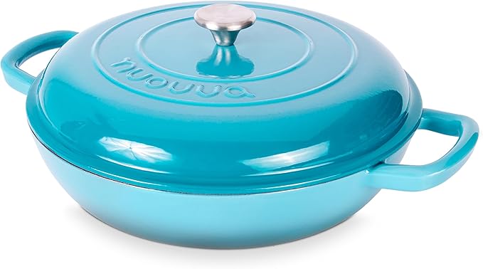 Shallow Cast Iron Casserole with Lid – Non Stick Dutch Oven Pot, Oven Safe up to 500° F – Sturdy Ovenproof Stockpot Cookware – Enamelled Cooking Pot – Blue, 5-Quart, 32cm – by Nuovva