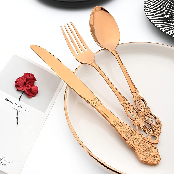 Royal 24-piece Rose Gold Mirror Silverware Dinnerware, 18/10 Stainless Steel Luxury Flatware Service For 6 Tableware Ideal For Wedding Home Restaurant, Dishwasher Safe
