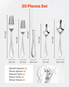 VEVOR 30-Piece Silverware Set, Food-Grade Stainless Steel Flatware Utensils, Mirror Finished Cutlery Set, Dishwasher Safe Eating Tableware for Kitchen Home, Service for 6, Include Knife Fork Spoon