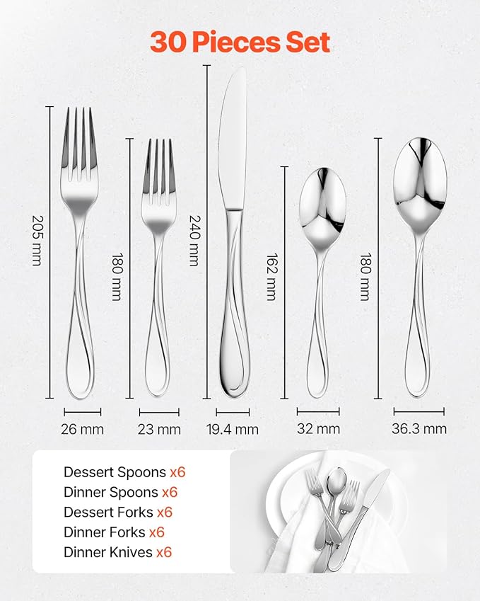 VEVOR 30-Piece Silverware Set, Food-Grade Stainless Steel Flatware Utensils, Mirror Finished Cutlery Set, Dishwasher Safe Eating Tableware for Kitchen Home, Service for 6, Include Knife Fork Spoon