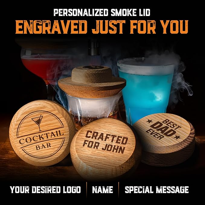 Custom Whiskey Cocktail Smoker Kit with Torch & Wood Chips - Premium Set, USA Oak Smoker - Old Fashioned Cocktail Kit for Whiskey Lovers - Bourbon Gifts for Men - Gift from Wife, Daughter, Son