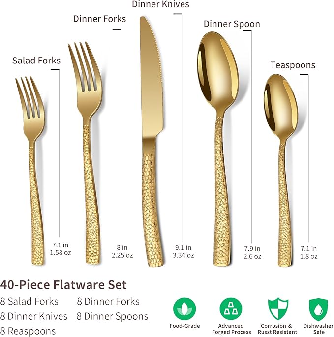 40-Piece Silverware Set, Gold Hammered Stainless Steel Flatware Sets for 8, Food-Grade Tableware Set, Including Fork Knife Spoon Set, Durable Home Kitchen Cutlery Sets, Dishwasher Safe, RX357