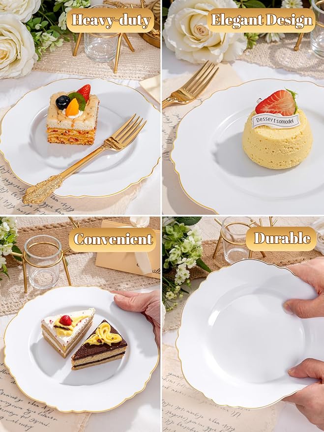 WDF 60pcs Gold Dessert Plates-7.5inch Baroque White and Gold Small Plastic Plates/Disposable Dessert/Salad/Cake/Appetizer Plastic Plate for Upscale Thanksgiving Parties/Wedding/Birthday