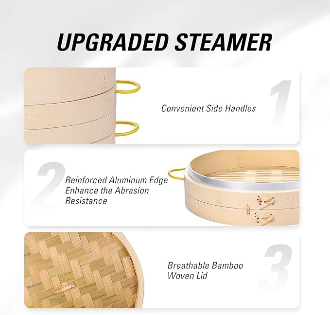MacaRio Bamboo Steamer Basket Set 10 inch Steamer for Cooking, with Side Handles Chopsticks Ceramic Sauce Dishes Paper Liners, for Dim Sum Dumplings Buns Seafoods Rice Asian Foods