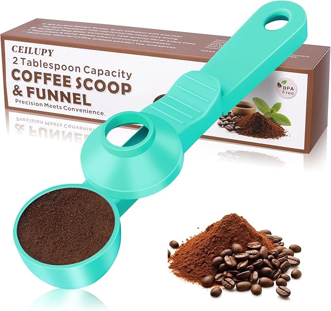 2-in-1 Coffee Scoop with Funnel, 2 Teaspoon Measuring Spoon for Reusable K Cups, Ground Coffee, Protein Powder & Tea, Mess-Free Plastic Design (Light Green)