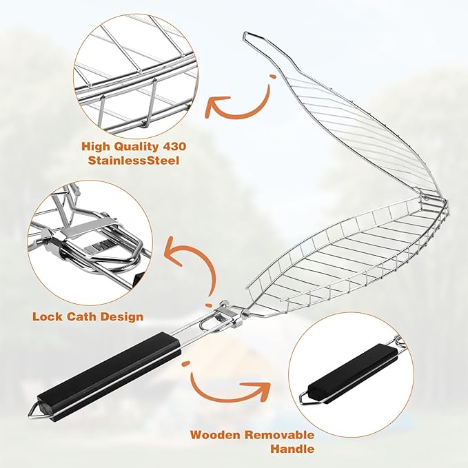 Fish Grill Basket, Stainless Steel Fish Grilling Rack For Oven With Detachable Handle , Large Whole BBQ Fish Grill Basket For Live Fish, NonStick Fish Basket for Grilling Perfect for Salmon, Veggies, And Seafood