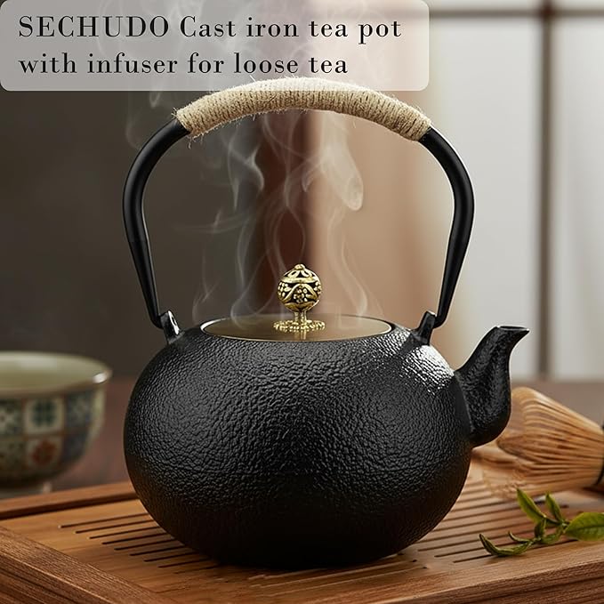 40.6oz Cast Iron Teapot for Stovetop, Japanese Tetsubin with Enamel, Black Tea Pot with Stainless Steel Infuser for Loose Tea, 1200ml Small Tea Kettle(Spherical Shape)