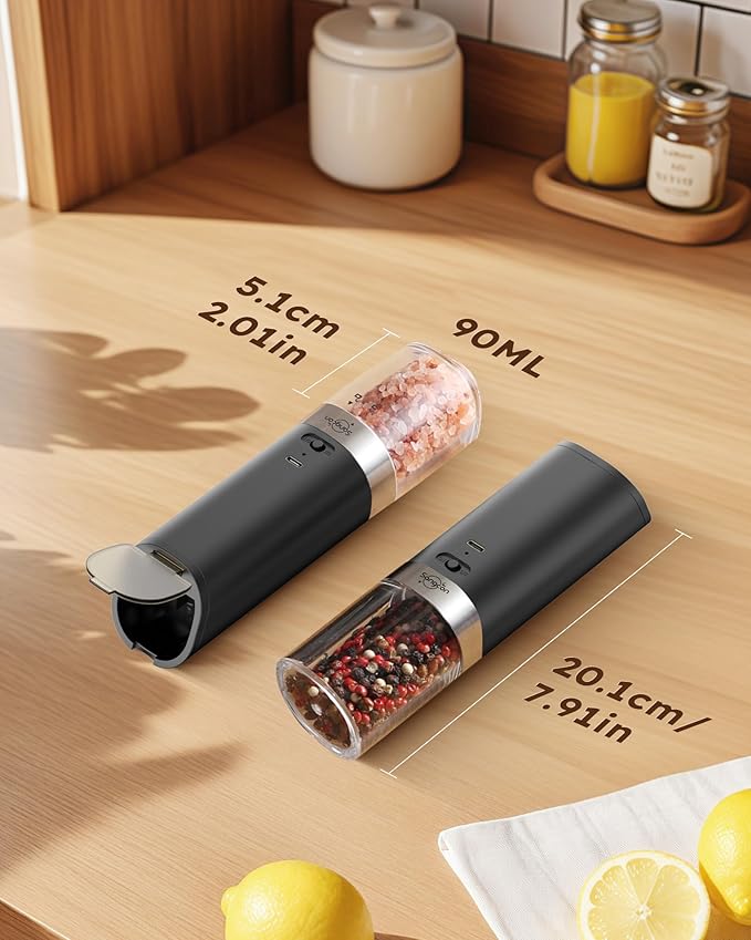 Sangcon Gravity Electric Salt and Pepper Grinder Rechargeable with Dust Cover, Large Capacity, Adjustable Coarseness, LED Light, One Hand Automatic Salt Pepper Shaker Mill, House Warming Gifts