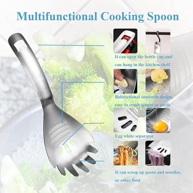 Slotted Spoon,304 Stainless Steel Multi-Functions Cooking Skimmer,Spaghetti Pasta Server Spoon,Ginger Crusher,Potato Press Tool,Egg Separator,Disher Scoop for Kitchen Utensil (Style A)