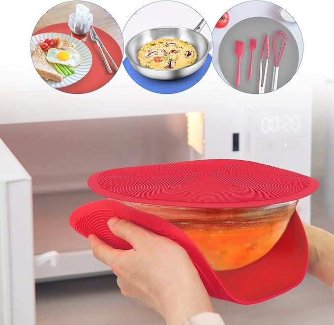 KooMall 12 10 8 Inch Multi-use Microwave Mat, Trivet, Pot Holders, Drying, Baking, Place Mat, Utensils Rest, Silicone Cover Pad for Hot Pot Pans Bowls Plates Dishes Kitchen Counter, Heat Resistant,Red