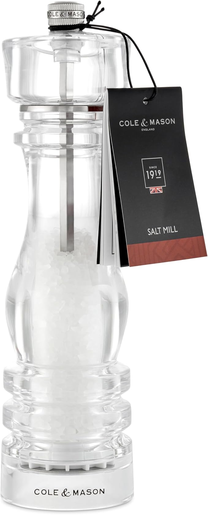 Cole & Mason London Refillable Spice Mill - Kitchen & Home Accessory - Table Salt Grinder - Salt Mill with Ceramic Mechanism - 8", Acrylic
